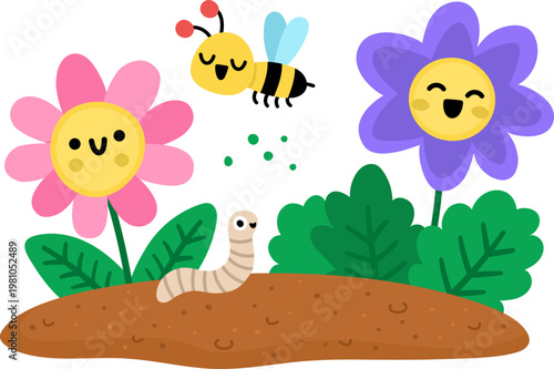 Vector pink and purple smiling flowers on bed with worm and bee icon. Blooming plants growing on the ground illustration. Floral kawaii clipart. Cute summer, garden bloom isolated on white background