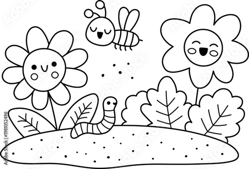 Vector black and white smiling flowers on bed with worm and bee icon. Line blooming plants growing on the ground illustration. Floral kawaii clipart. Cute summer, garden bloom coloring page