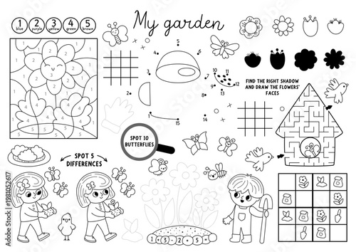 Vector spring garden placemat for kids. Printable activity mat with maze, tic tac toe charts, connect dots, find difference. Black and white coloring page with watering can, flower, kids gardeners