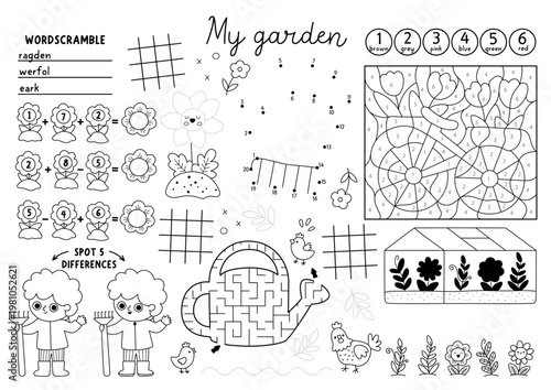 Vector spring garden placemat for kids. Printable activity mat with maze, tic tac toe charts, connect dots, find difference. Black and white coloring page with tools, flower bed, kid gardener, rake