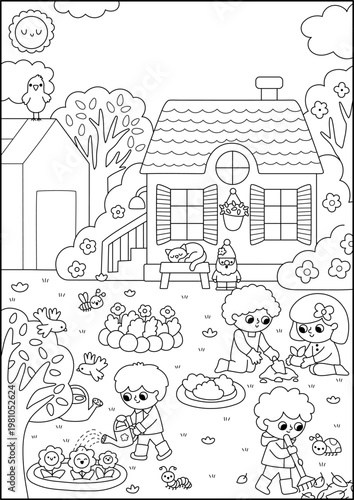 Vector black and white spring garden landscape. Rural nature line scene with country house, greenhouse, birds, trees, working kids gardeners. Horizontal background, book cover