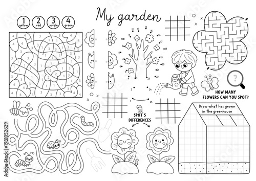Vector spring garden placemat for kids. Printable activity mat with maze, tic tac toe chart, connect dots, find difference. Black and white coloring page with kid gardener watering flower, greenhouse