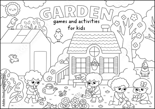 Vector black and white spring garden landscape. Rural nature line scene with country house, greenhouse, birds, trees, working kids gardeners. Horizontal background, book cover