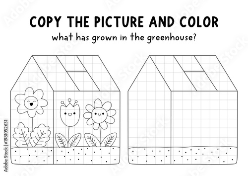 Copy the picture and color. Draw flowers in greenhouse. Vector line square garden drawing, coloring practice page, worksheet with green house, plants. Black and white printable spring activity for kid