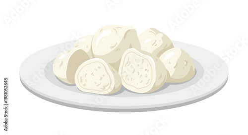 A simple white ceramic plate displays a generous pile of fresh mozzarella cheese balls with several pieces sliced open to reveal their creamy inner texture.