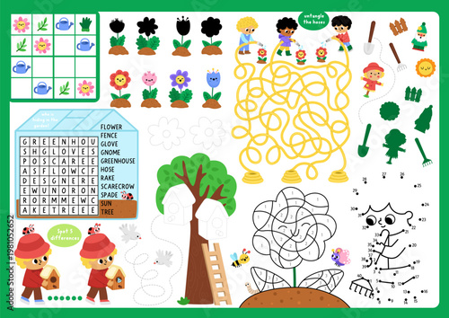 Vector spring garden placemat. Country house printable activity mat with maze, puzzle, shadow match, find difference. Cute play mat, menu, kids magazine spreadsheet with gardener, greenhouse, plant