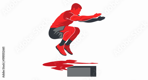 Dynamic red silhouette athlete jumping over a stylized block with brushstroke shadow vector art