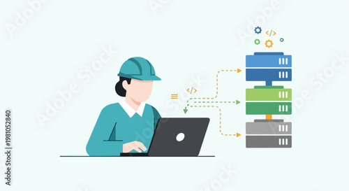 Vector illustration of female engineer at laptop connecting to stacked servers in a data center