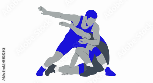 Dynamic wrestling match vector illustration showing two athletes grappling in blue uniforms
