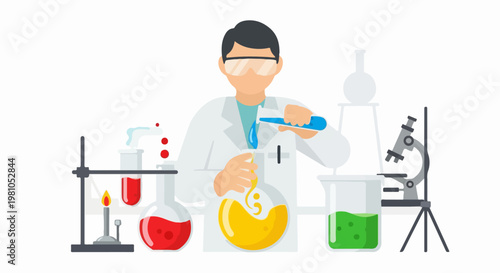 Vector illustration of a scientist performing chemical experiments in a modern laboratory today