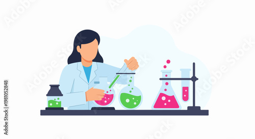Vector illustration of a female scientist conducting laboratory experiments with glassware