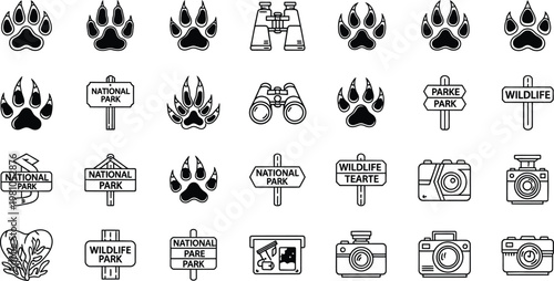 Animal paw prints and binoculars paired with national park signs highlight outdoor exploration and wildlife conservation efforts in this icon set.