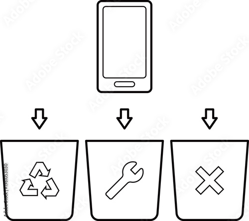 Mobile Phone Disposal Sorting with Three Recycle Bins Line Icon