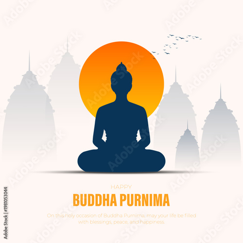 Happy Buddha Purnima Illustration with Meditating Buddha Silhouette and Sunset Background, vector illustration.