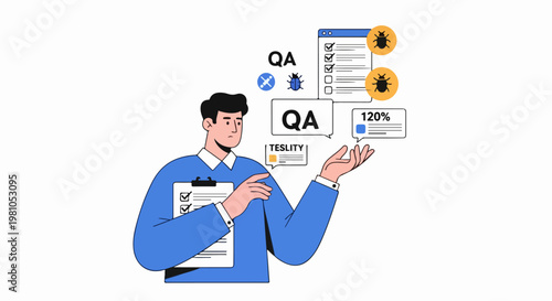 Male quality assurance engineer holding a checklist and finding software bugs in application