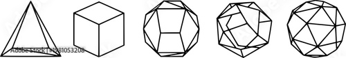Minimalist black line art six basic geometric shapes including tetrahedron cube octahedron icosahedron dodecahedron and sphere icons on white
