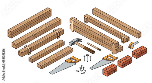 A meticulous isometric illustration showcases a comprehensive set of construction materials including timber planks, hand saws, a hammer, and several red bricks.