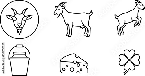 Line art goat icon set showing cute goat face standing goat jumping kid milk bucket cheese wedge and clover symbol
