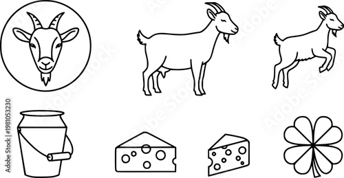 Line art goat icon set showing cute goat face standing goat jumping kid milk bucket cheese wedge and clover symbol
