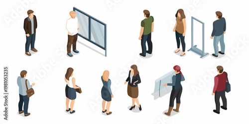 Isometric illustration of people viewing art in a gallery setting
