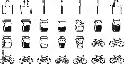 Tote bags and glass jars alongside bicycle icons illustrate a sustainable lifestyle and eco-friendly shopping habits in this clean line art collection.