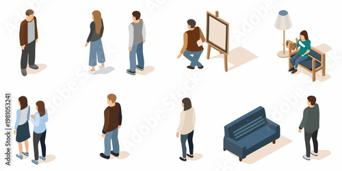 Isometric illustration of people interacting in a modern minimalist setting