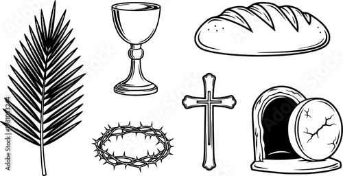 Black and white line art of palm leaf chalice bread cross crown of thorns and empty tomb religious symbols collection
