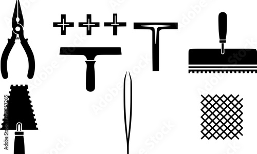 Flat design close up set of tiling tools with pliers tile spacers grout float notched trowel tweezers mesh silhouette icons
