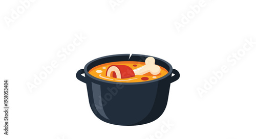 A steaming black ceramic pot filled with a rich orange meat stew and a large marrow bone sits against a stark white minimalist background under bright light.