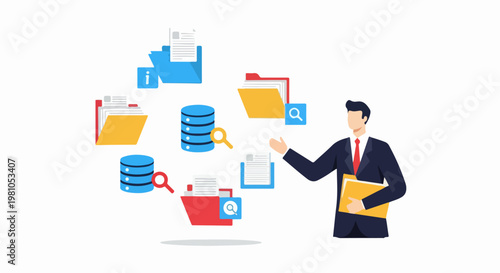 Businessman managing an electronic document management system and searching digital databases