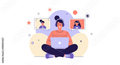 Young woman with headphones on laptop, video call with friends, remote communication concept