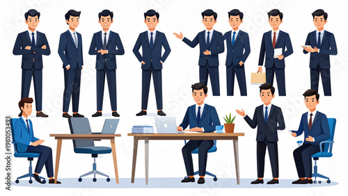 Asian Businessman in Black Suit Vector Set with Standing and Sitting Poses
