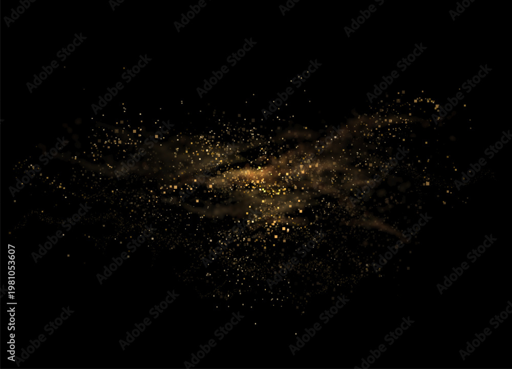 Fototapeta premium Abstract chaotic isolated arc of golden color made of small mosaic tiles on black background