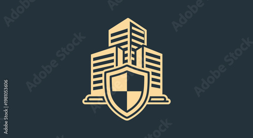 Business Security and Protection Symbol with Buildings and Shield Emblem