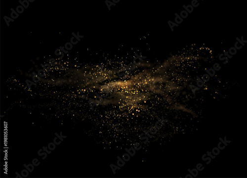 Abstract chaotic isolated arc of golden color made of small mosaic tiles on black background
