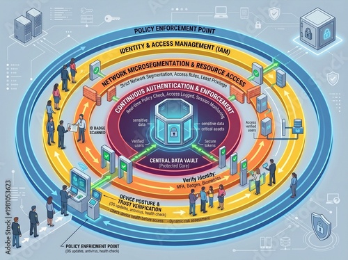 Zero trust security model isometric diagram, concentric rings protecting central data vault, authentication process