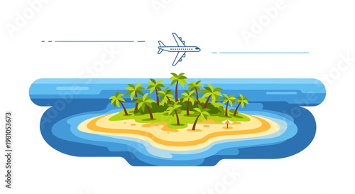 Tropical island vacation with a private beach and palm trees, seen from above with a small airplane flying overhead