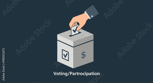Illustration depicting the act of casting a vote into a ballot box, symbolizing participation in democratic processes and civic engagement