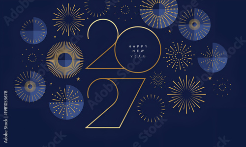 Happy New Year 2027 Gold Line Typography with Decorative Fireworks on Blue Background Elegant Design