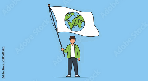 Person holding a flag with a globe and a green leaf, symbolizing environmental protection and global sustainability