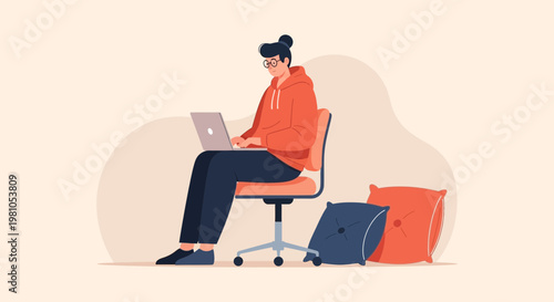 Young Woman Working on Laptop in Cozy Home Office with Cushions