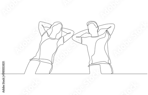 Continuous one line of couple lying together on floor, relaxed intimacy and mutual comfort concept, single line art