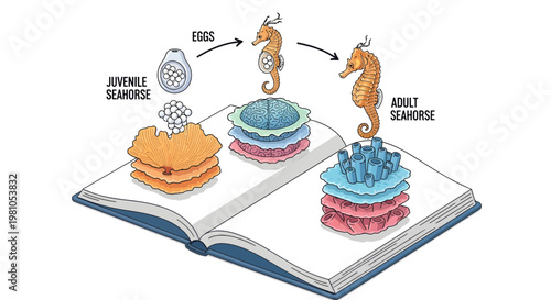 Seahorse Life Cycle illustration showing the stages from eggs to adult seahorse within a book