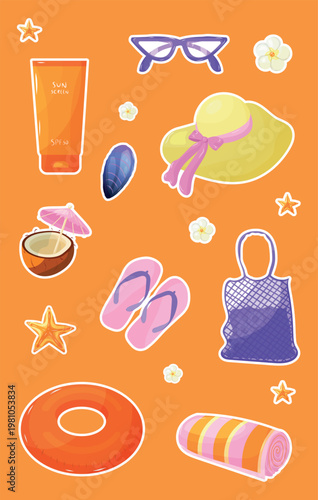Summer Beach Stickers Pack with White Border on Orange Background