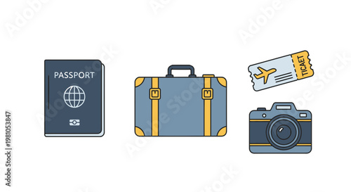 Travel essentials passport, suitcase, boarding pass, and camera icon set for vacation planning and booking