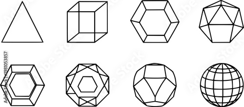 Minimalist black line art six basic geometric shapes including tetrahedron cube octahedron icosahedron dodecahedron and sphere icons on white
