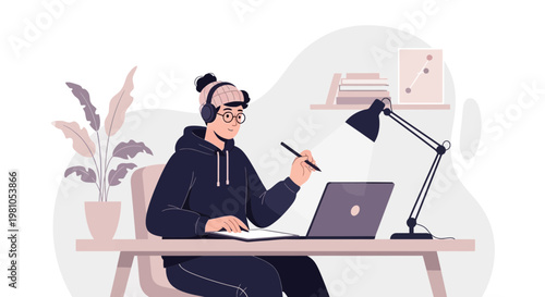 Young person with headphones working on laptop at desk with lamp and plant