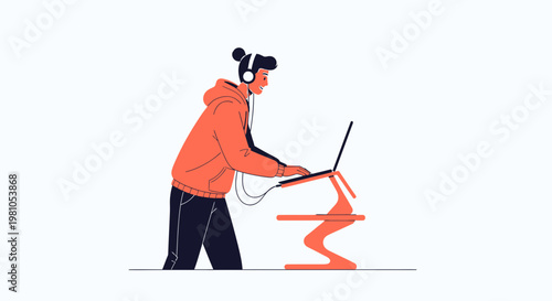 Young person with headphones working on a laptop on a stand, modern illustration