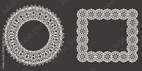Intricate white lace frames in circular and square shapes displayed