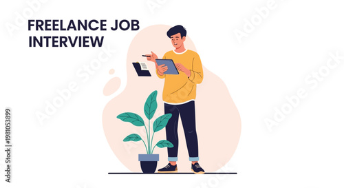 Freelance Job Interview: Man with Tablet and Laptop, Plant, Modern Office